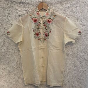 70s Vintage Hand Embroidered Button Down Blouse Size XL